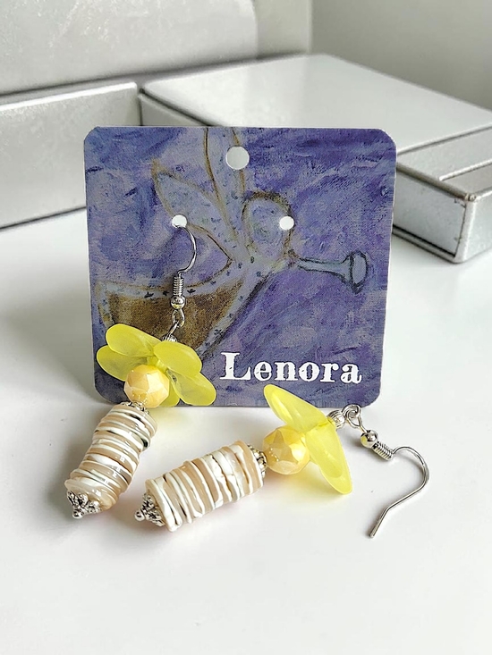 Hand Crafted Jewelry - Hand Crafted Yellow Lucite, Glass & Mother of Pearl Shell Stack Dangle Earrings